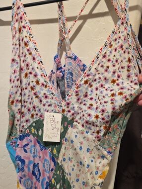 Blue Sky Patchwork Floral Slip Dress in White, Pink, Blue, Green, Purple